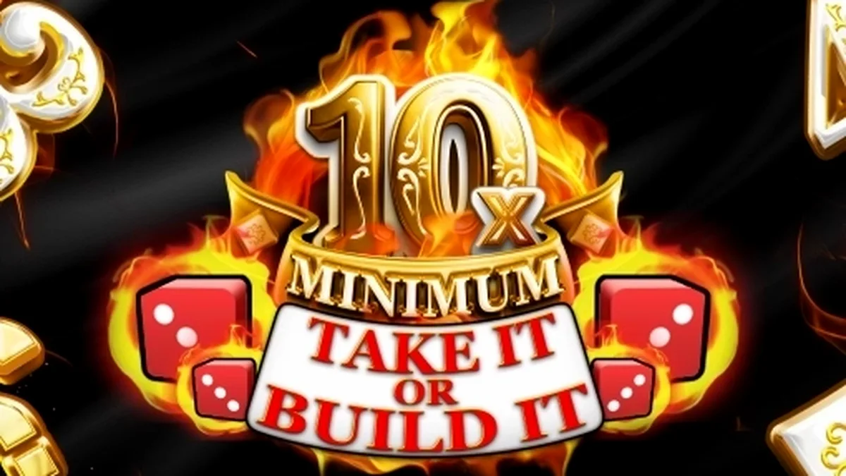 Interface do slot 10x Minimum Take It or Build It com seus 5 rolos em destaque