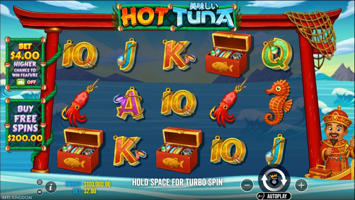 Interface visual e símbolos do caça-níqueis Hot Tuna com tema de pesca asiática