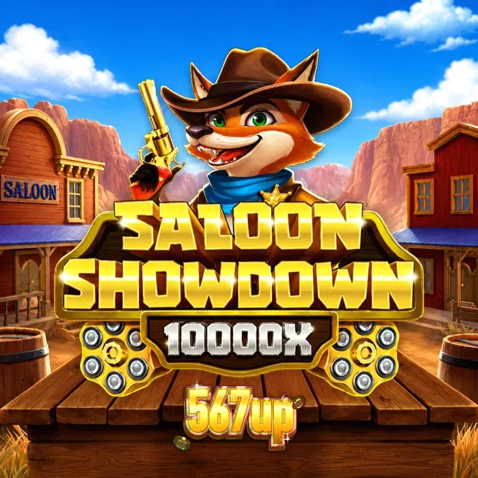 Interface do jogo de slot Saloon Showdown 10,000x com elementos temáticos de faroeste
